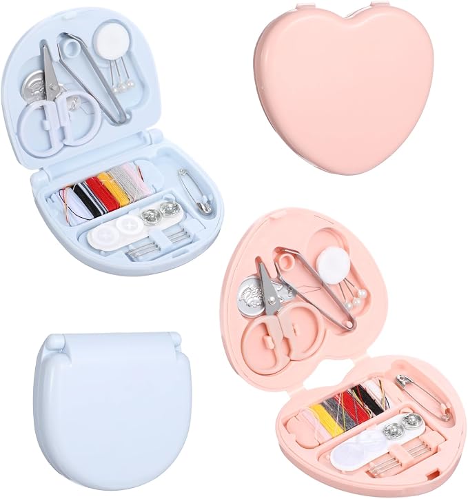 2 Pcs Travel Sewing Kit Mini Sewing Kit Portable Handheld Machine Travel Size Professional Portable Needle and Thread Kits Mini Heart Shaped Essentials Materials with Scissors, Threads, Needles