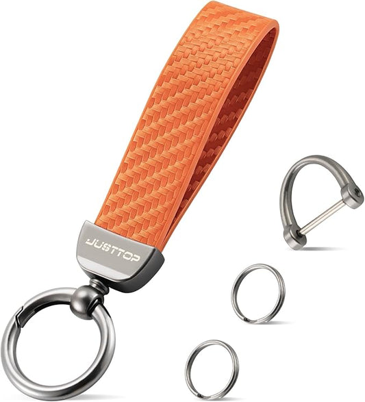 JUSTTOP Leather Keychain, Carbon Fiber Car Key Chain with Anti-Lost D-Ring and 2 Key Ring, Keychain Wristlet, Car Accessories, Universal Keychain for Men and Women (Orange)