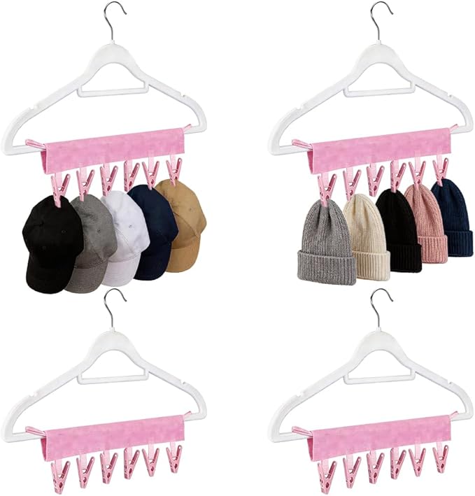 WADORN 4 Pack Travel Hanger Clips, Baseball Cap Hangers with 6 Clips Foldable Clothes Hanger Clip Compact Folding Sock Clip for Swimsuit Towel Underwear Dorms Camping Fits All Size Hangers, Pink