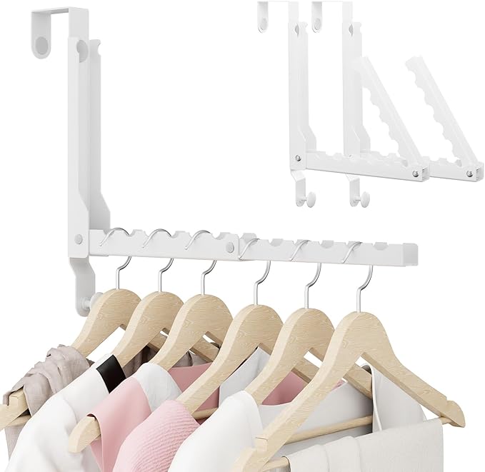 Over the Door Hanger Folding Clothes Drying Rack with 1 Hooks, Double Fold Hanging Door Hooks Coat Rack for Laundry Room, Compact Space Saving Foldable Portable Door Hooks Collapsible (2Pack,White)