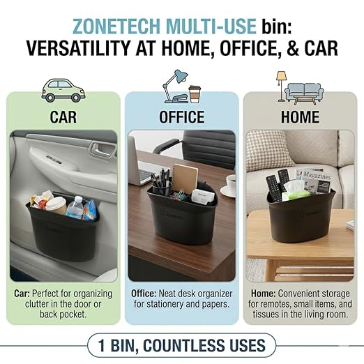 ZONETECH Portable Hanging Mini Car Garbage Can – Classic Black Trash Container - Premium Quality Automotive Universal Compact Traveling Wastebasket for Vehicle,Office,Home (2-Pack)
