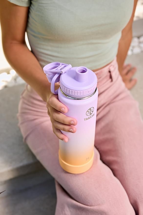 Takeya Actives Stainless Steel Water Bottle, Insulated Spout Lid, Keeps Drinks Cold 24 Hrs, Leakproof, Durable, Dishwasher Safe, Ideal for Gym, Travel, Fits Most Cup Holders, 24 oz/Ombre Golden Hour