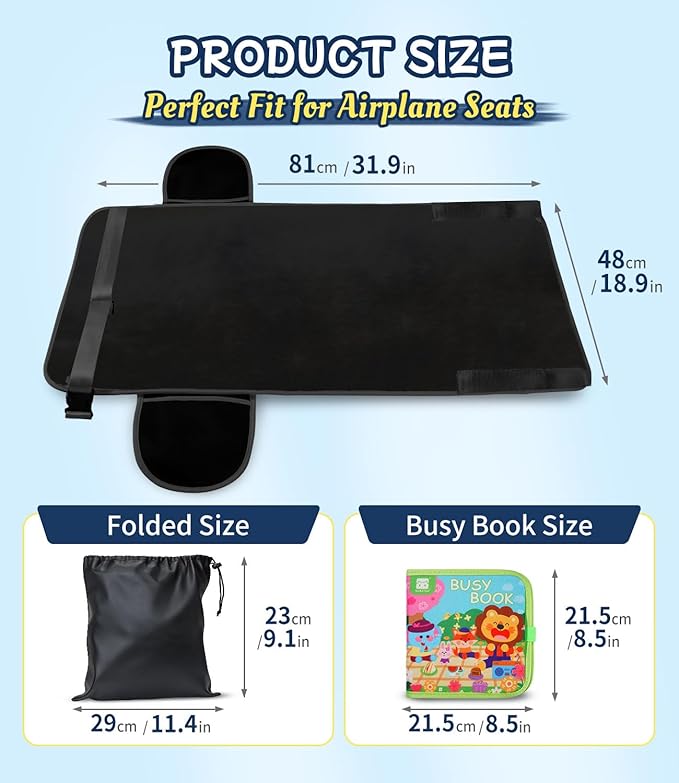 Toddler Airplane Bed, Airplane Seat Extender for Kids, Portable Velvet Plane Bed for Long Flights, Non-Slip Washable Seat Extender with Farm Busy Book & Travel Essentials, Black