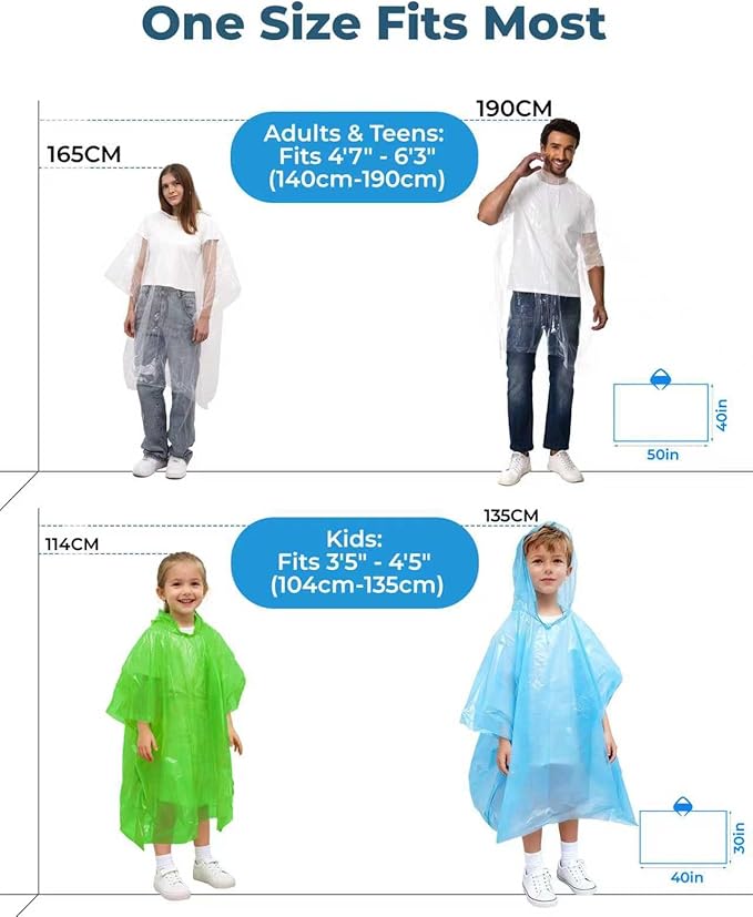 Disposable Rain Poncho Family 10 Pack for Adults & Kids with Hood - 2X-Thicker for Theme Parks, Travel & Outdoors