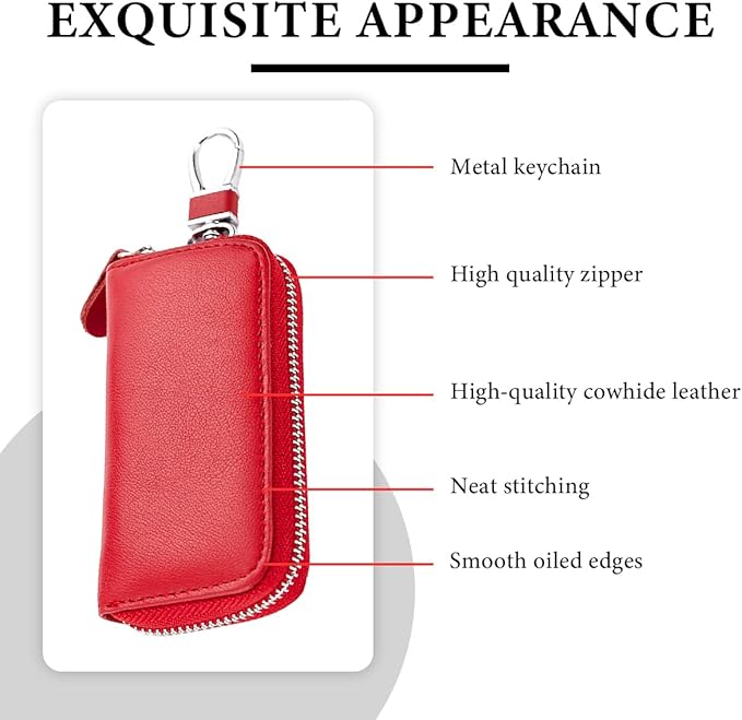 Leather Car Key Holder Bag, Unisex Key Fob Case with 6 Hooks, Zipper Closure Keychian Case Wallet for Smart Keys (Red)