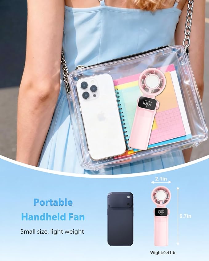 Ouddy Mode Portable Handheld Pink Fan Rechargeable, Ice Cooling Foldable Personal Fan, Up to 13Hrs Turbo Pocket Hand Held Fans for Travel, Camping, Hiking, Beach, Office, Outdoor