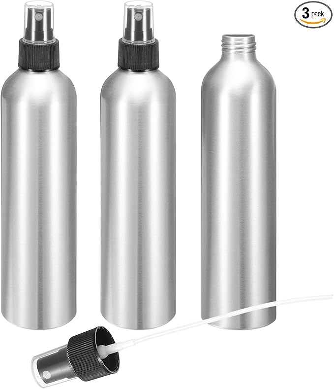 HARFINGTON 3pcs Aluminum Fine Mist Spray Bottles 300ml/10oz Metal Small Liquid Alcohol Refillable Travel Container with Black Plastic Nozzle Cap for Perfume Skincare Cosmetic Storage Bottle