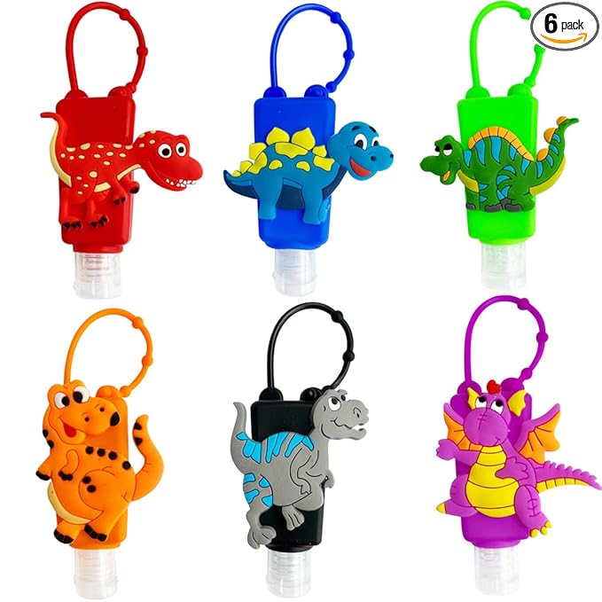 6Pcs Travel Size Kids Empty Hand Sanitizer Bottles with Keychain Holder Detachable Silicone Protective Case 30ml Plastic Travel Bottles Leak Proof Refillable Containers - Dinosaur