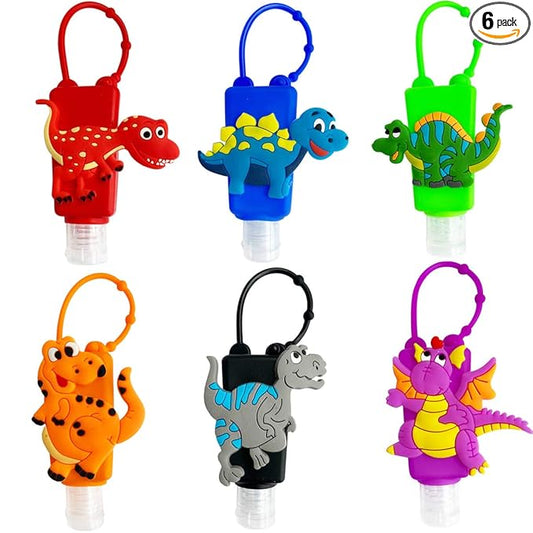 6Pcs Travel Size Kids Empty Hand Sanitizer Bottles with Keychain Holder Detachable Silicone Protective Case 30ml Plastic Travel Bottles Leak Proof Refillable Containers - Dinosaur