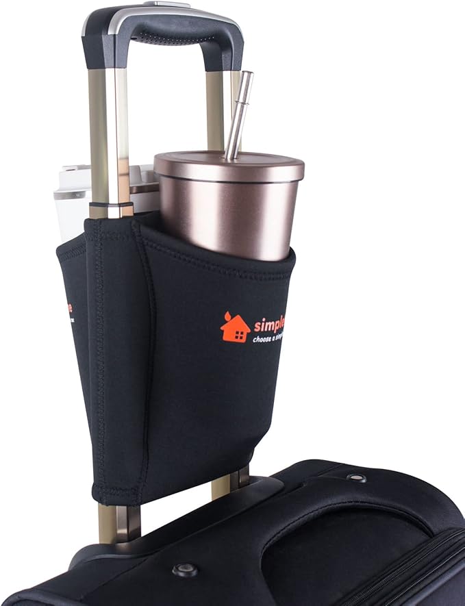simpletome Luggage Cup Holder Hands-Free Travel Drink Caddy Bag Attachment Simple Style Elastic Materials Easy to Install and Remove(Black)