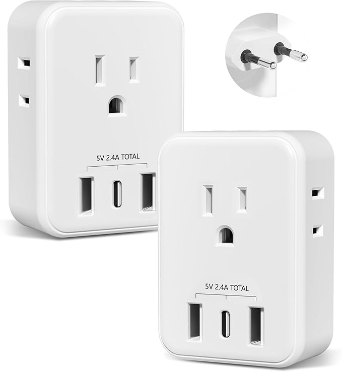 BN-LINK 2 Pack European Travel Plug Adapter, International Power Plug Adapter with 4 Outlets and 3 USB Ports（1 USB C）, 7 in 1 Travel to Europe Spain France Iceland Italy Germany Greece(Type C)