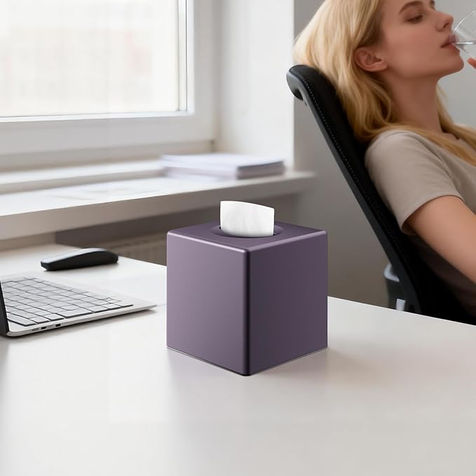 Y-in Hand Tissue Box Cover, Decorative Square Facial Storage Tissue Box Holder, Home Accessories for Bathroom Vanity Countertops, Dressers, Night Stand, Parlors and Office (Purple)