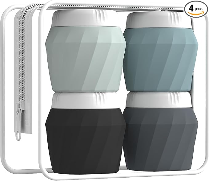 Travel Containers for Toiletries, Premium Silicone Cosmetic Cream Jars, TSA Approved Leak-Proof Refillable Travel Size Toiletries with Clear Bag for Cosmetic Face Body Cream (Gray, 1.7OZ)