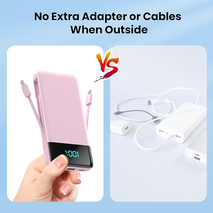 Portable Charger for iPhone with Built in Cables and Wall Plug,Upgraded 13800mAh Fast Charging USB C Power Bank,4 Outputs Travel Essential Battery Pack Compatible with iPhone 17/16/15/14,Galaxy-Pink