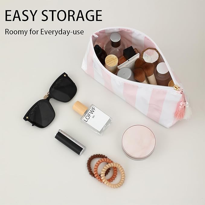 DYSHAYEN Makeup Bags for Purse,Small Clear Coated Cosmetic Bags for Women Girls, Waterproof Travel Organizer Zipper Pouch Beach Vacation Essentials (White-Pink)