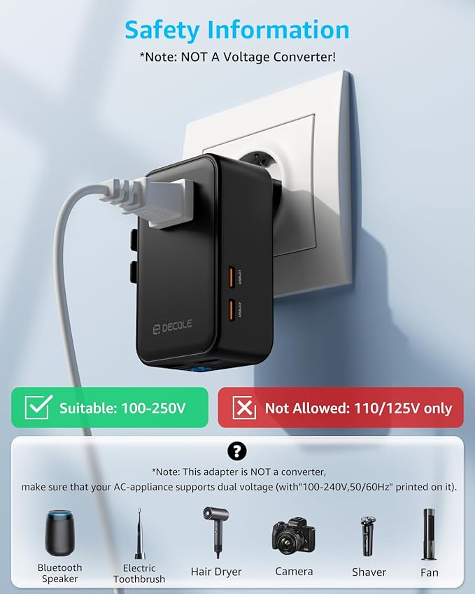 “Air” Universal Travel Adapter, Slim International Travel Plug Adapter with 2 USB-C(PD 25W) ＆ 2 USB-A Ports, All in One Portable Adaptor, for USA, UK, EU, AU ＆ 224+ Countries (Black) US