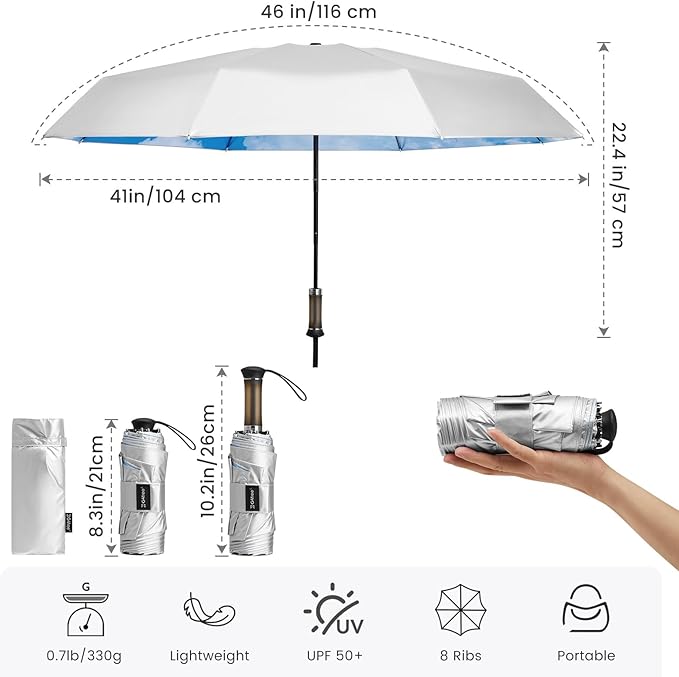 G4Free 46 Inch Mini Travel Umbrella with Retractable Handle, Pocket Size Umbrellas for Sun Rain. UV Protection UPF 50+, Small Compact Umbrella
