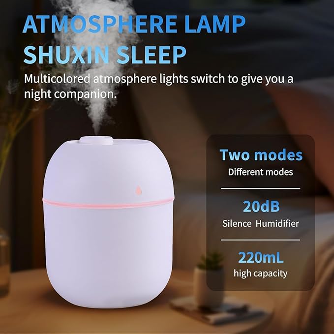 Portable Mini Humidifier Small Cool Mist Humidifier Personal Desktop USB Powered Super Quiet for Travel Car,Office,Baby Bedroom, Night Light, 2 Mist Modes, Auto Shut-off