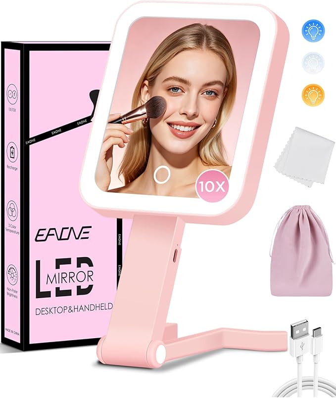 EAONE Magnifying Mirror with LED Light, Double Sided Travel Makeup Mirror 10X/1X with Storage Bag, 3 Color Lighting & Dimmable Touch Screen for Trip, Desk, Bathroom (10.3 x 5.2IN)- Pink