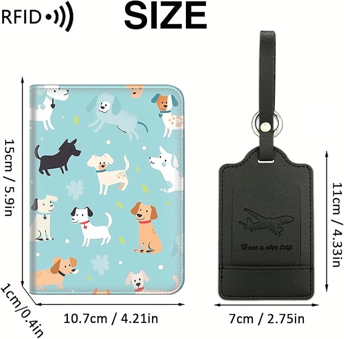 Passport Wallet, Passport Holder with RFID Blocking and Luggage Tag, Waterproof PU Leather Travel Documents Organizer Case, Passport Covers with Card Slot for Women & Men, Dogs Pattern Backgrounds