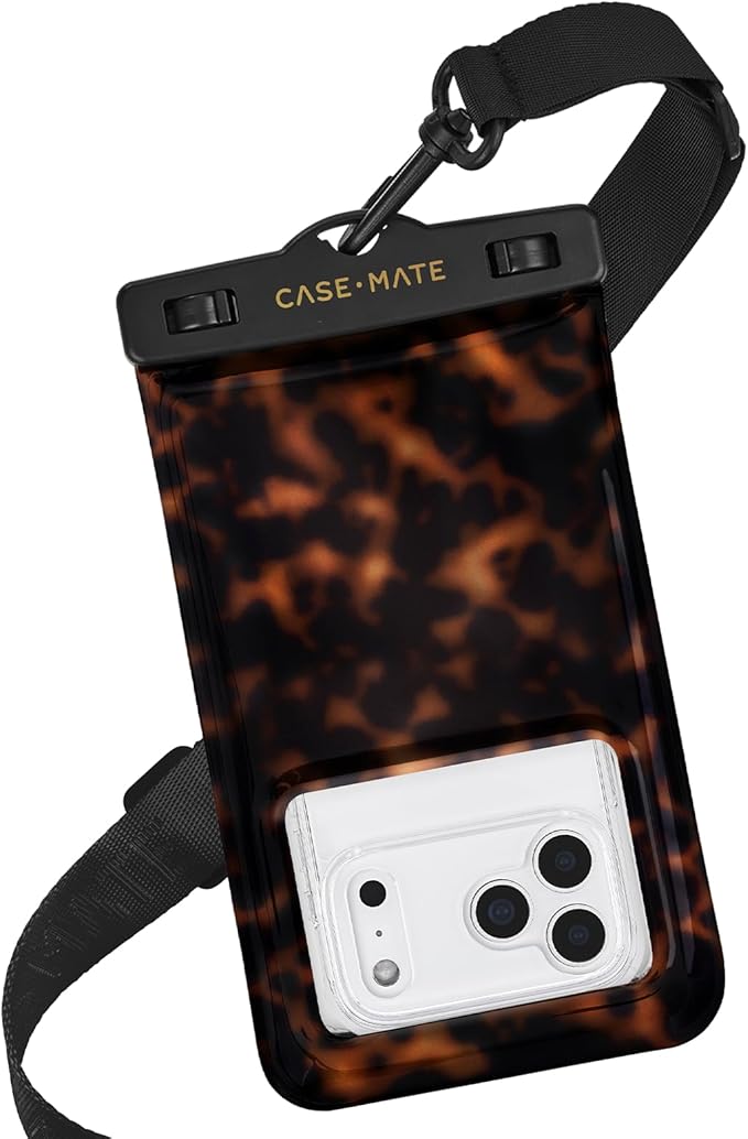Case-Mate IP68 Waterproof Phone Pouch - Beach Cruise Travel Essentials - Large Floating Phone Case w/Crossbody Lanyard for iPhone 17 Pro Max/16 Pro/15/14/13/S26 - Touchscreen Friendly - Tortoiseshell
