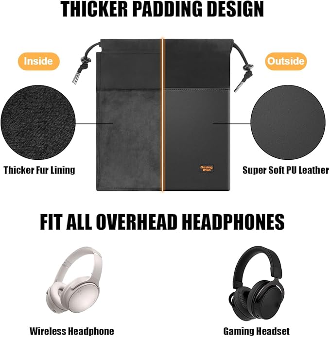 Over-Ear Headphone Storage Bag, Lightweight Headphones Carrying Pouch Travel Headset Case Bag Thicker Fur Lining & Super Soft Leather for Overhead Headphones Gaming Headsets (Large Black)