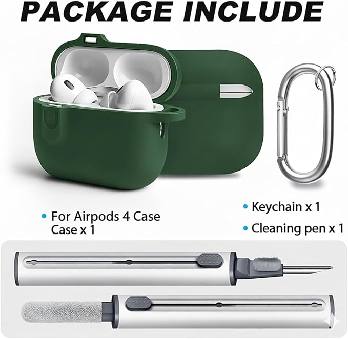 for AirPods 4 Case Cover with Cleaner Kit, Soft Silicone Cover for AirPods 4 Comes with Magnetic Lid Lock & Keychain-Solid for Women/Men,Pine Green