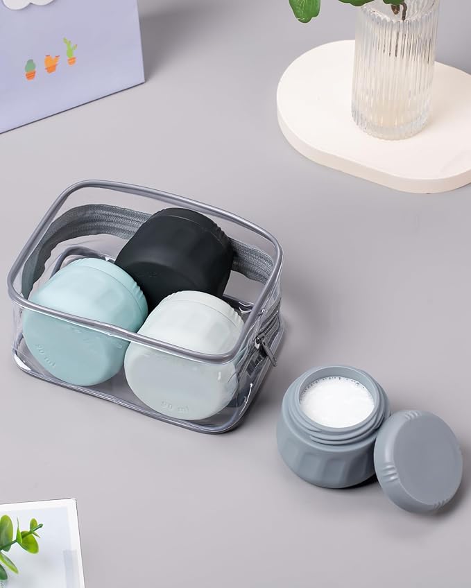 Mrsdry Travel Containers for Toiletries, TSA Approved Travel Size Toiletries 4 Pack, Refillable Containers, With Clear Bag, Leak Proof Silicone Jars, Essentials Creams Jars Carrying Small Items