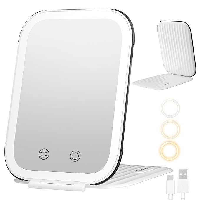 FUNTOUCH Rechargeable Travel Makeup Mirror with Lights, Light up Portable Vanity Mirror with 80 LEDs,2000mAh Battery,Brightness Adjustable,3 Lighting, Dimming Compact Mirror