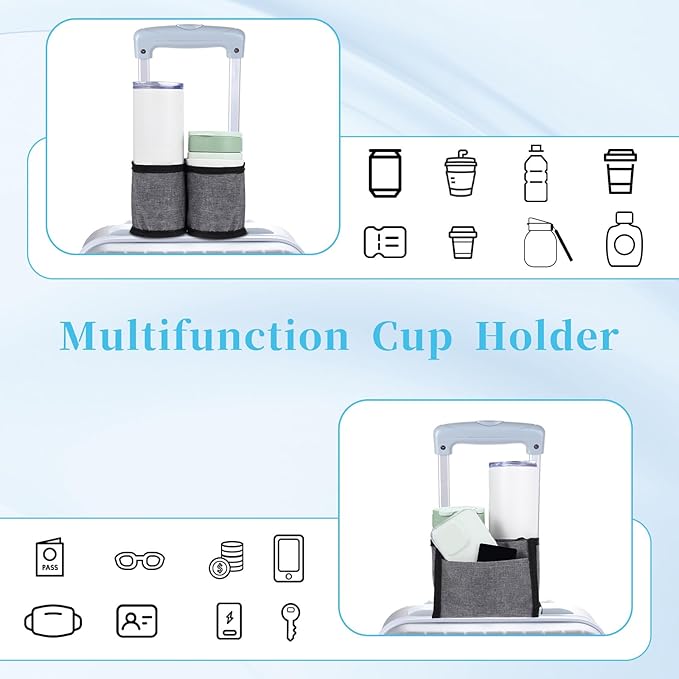 oruola Travel Cup Holder for Luggage,Luggage Travel Cup Holder with 2 Coffee Mugs Tightening Drawstring, Luggage Cup Holder for Flying & Travelers for Flight Attendants, Business, Travelers Grey