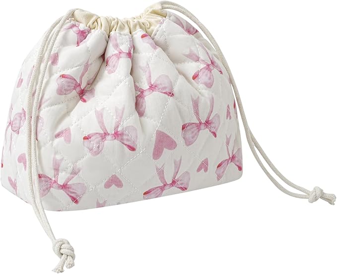 uekeboag Cotton Quilted Drawstring Makeup Bag with Canvas Lining,Coquette Aesthetic Cute Travel Toiletry Bag,Drawstring Gift Bag for Women and Girls（14Heart Bow）