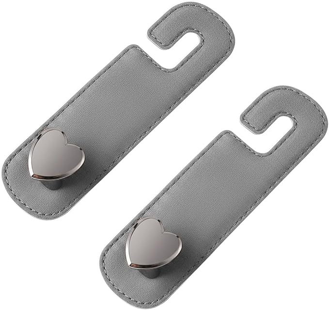 2PCS Car Seat Headrest Hook, Cute Heart Vehicle Backseat Purse Bag Hanger Organizer, Auto Seat Back Storage Holder for Groceries Coats Umbrellas, Universal for Vehicles (Gray)