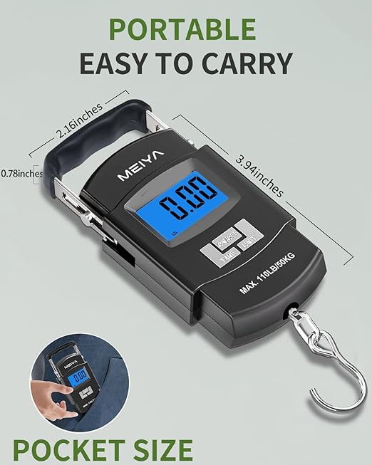 MEIYA Fish Scale 110lb/50kg Digital Fishing Scale with Backlit LCD, Portable Handle, Stainless Steel Hook & 2 AAA Batteries – Great Fishing Gifts for Men