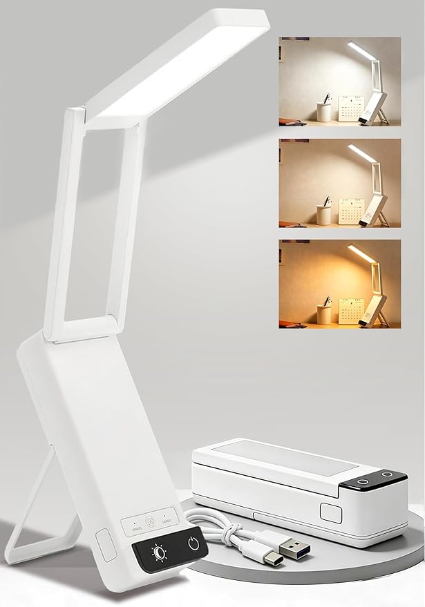 EZVALO Rechargeable Desk Lamp, 6000mAh Battery Wireless Light, Cordless Table Lamp for Book Reading, Foldable Mini Lamps & Portable, 3-Color Dimmable Small Light for Bed, Nail Lamp, Craft, White