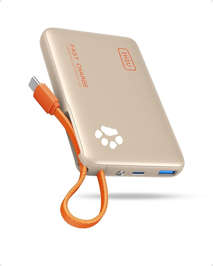 INIU 45W Power Bank, Fast Charging Portable Charger with Built-in USB C Cable, 10000mAh Small Type C Powerbank, Battery Pack for iPhone 17 16 15 14, iPad, Samsung S25 S24 etc Travel Camping, Beige