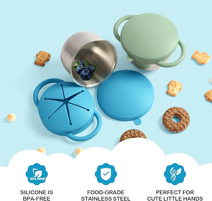 Daximo 2 Pack Snack Cups for Toddlers Spill Proof - Detachable Stainless Steel Toddler Snack Cups with Silicone Lids & Handles - Dishwasher Safe Snack Container(Niagara Blue and Sage Green)