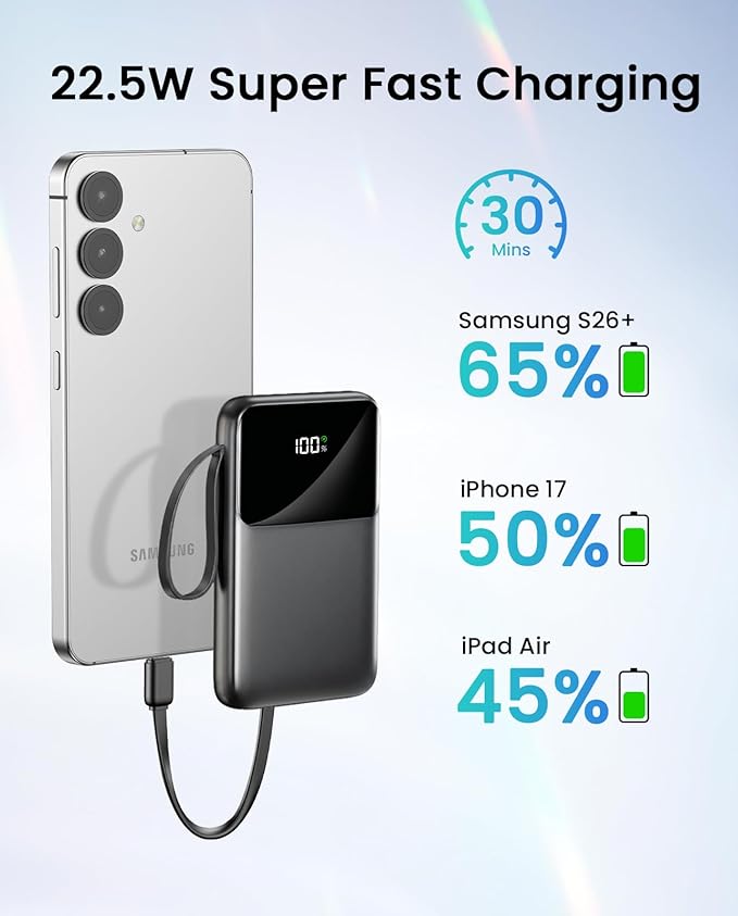 Power Bank, 15000mAh Portable Charger with Built in Cable, 22.5W Fast Charging, 6 Outputs, Slim Travel Essential Battery Pack with LED Display, Compatible with iPhone 17/16/15/14/13, iPad Black