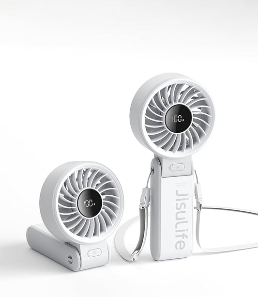JISULIFE Handheld Fan Life7 – Ultimate Flexibility: Wide & Strong Airflow, 13H Max Cooling, 3600mAh Rechargeable, 5-Speed, LED Display, 3 IN 1 Portable Fan for Travel, Concerts, Sports Events(Grey)