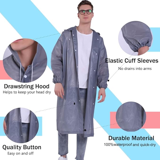 YDYJKI 2 Pack Waterproof Rain Ponchos for Adults-Reusable Emergency Raincoats with Hoodand Drawstring -Lightweight Ponchos
