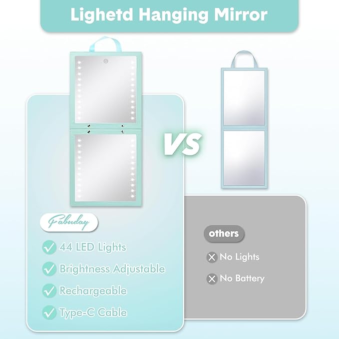 Fabuday Lighted Hanging Mirror for Dance Backstage - Rechargeable Folding LED Full Length Mirror with Lights for Dancers, Portable Foldable Travel Body Mirrors, Brightness Adjustable, Cyan