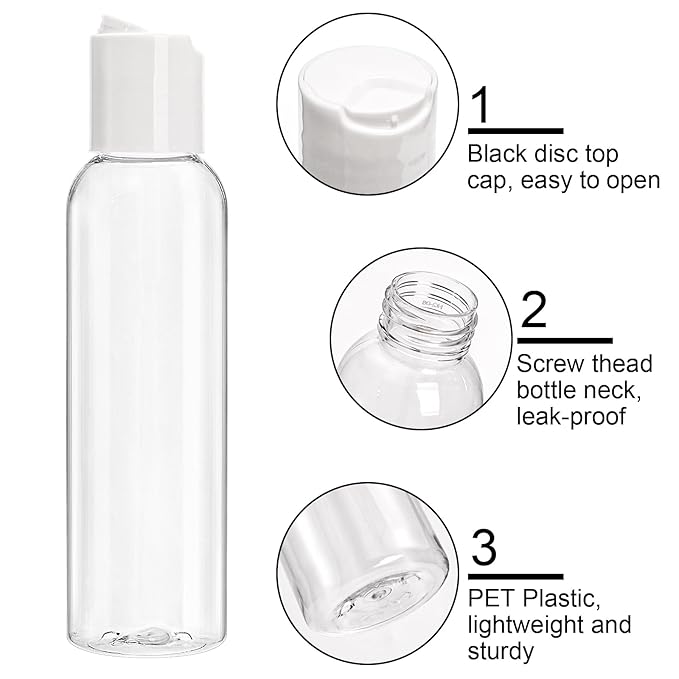 Bekith 30 Pack 4oz Travel Bottles for Toiletries, Empty Small Plastic Squeeze Bottles with Disc Top Flip Cap, Clear Refillable Travel Size Containers For Shampoo, Lotions, Liquid Body Soap, Creams