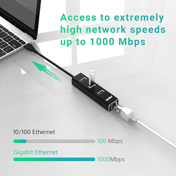 USB to Ethernet Adapter, atolla 3 Ports USB 3.0 Hub with 10/100/1000 Mbps LAN RJ45 Gigabit Network Adapter, Supports Windows 10/8/7, Mac OS, Linux