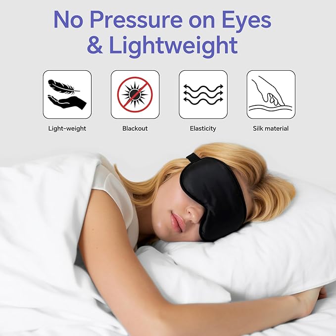 Sleep Eye Mask for Men Women, Silk Sleep Mask for Side Sleeper, Travel Blackout Night Blindfold Eye Shade Cover with Adjustable Strap, Classic Flat Style(Black & Black)