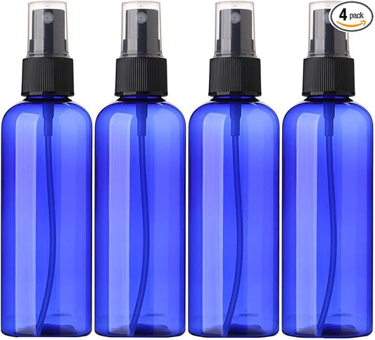 SINIDE Empty Spray Bottles 100 ml/3.4 oz, Blue Plastic Fine Mist Mini Travel Bottle Set, Portable Refillable Makeup Sprayer Containers for Perfume, Liquids, Aromatherapy, Cleaning Solution (4 Pack)