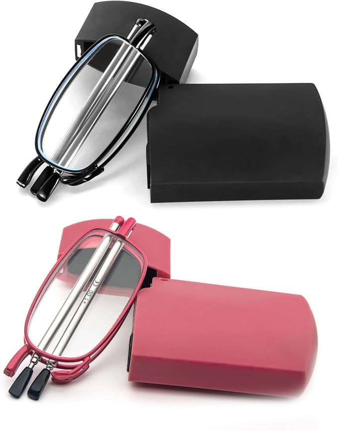 2 Pack Folding Reading Glasses Stainless Steel Mini Anti-Blue Light Blocking Reader for Men Women