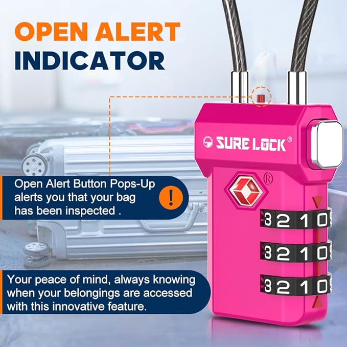 SURE LOCK TSA Approved Luggage Locks with Open Alert Indicator, 3 Digit Combination Cable Travel Lock for Suitcase, Backpack, Gym Locker, Toolbox, Carry On & Travel Bag