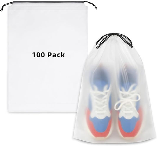 100 Pack Frosted Shoe Bags for Travel, 11.8" x 15.7" Travel Shoe Bags for Storage and Packing, Waterproof Drawstring Shoe Bag for Traveling, Bulk Travel Essentials for Men and Women