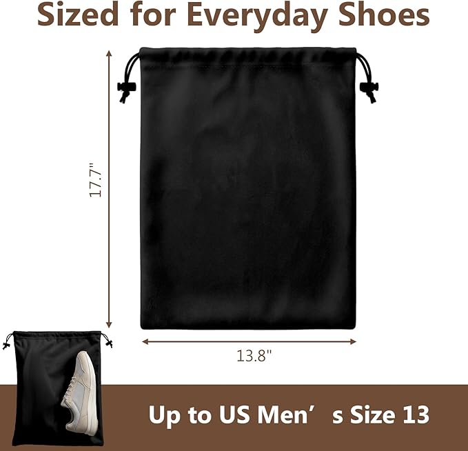 MERKFO Shoe Bags for Travel, 6 Pack Flannel Travel Shoe Bags for Luggage, Large Drawstring Shoe Dust Bags for Packing Shoes, Closet Storage, Fits Up to Men's Size 13, Black