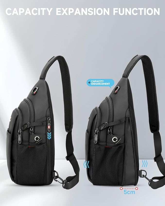 Anti Theft Sling Bag for Men, Expandable Crossbody Chest Bag with Water Bottle Pocket, Travel Sling Backpack Fits 11” iPad & Switch 2 for Commuting, Hiking, Daily Carry, Black | Mens Crossbody Bag