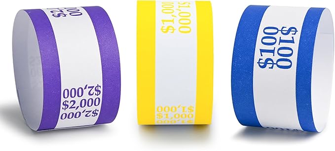 L LIKED 300 PCS Currency Straps Money Bands, Self Sealing Money Bill Wrappers ($100, $1000, $2000)
